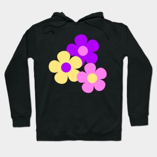 60's Flower Power Pop Flowers in Pink, Purple and Yellow on Black Hoodie